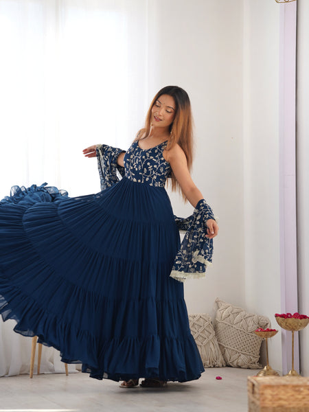 Premium Quality 5 Layers Blue Anarkali  Suit Set