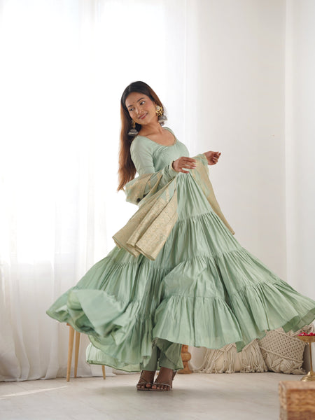Premium Quality Roman Silk Pista  Anarkali  Suit Set