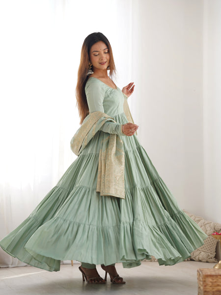 Premium Quality Roman Silk Pista  Anarkali  Suit Set
