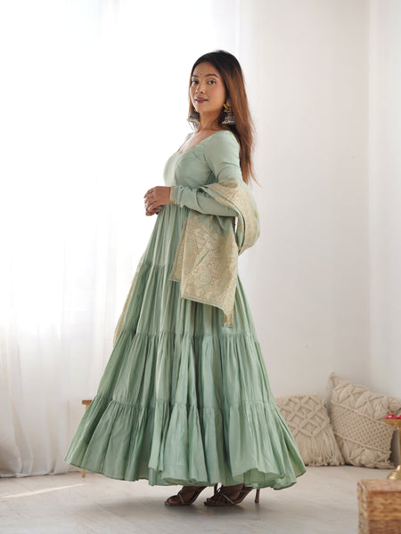 Premium Quality Roman Silk Pista  Anarkali  Suit Set