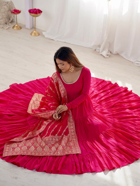 Premium Quality Roman Silk Pink Anarkali  Suit Set