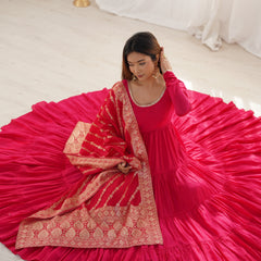 Premium Quality Roman Silk Pink Anarkali  Suit Set