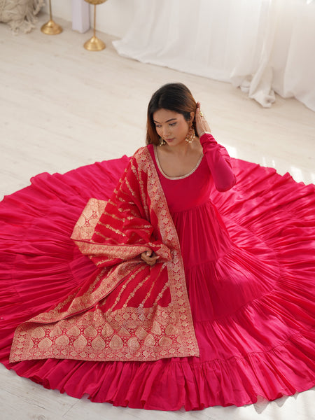 Premium Quality Roman Silk Pink Anarkali  Suit Set