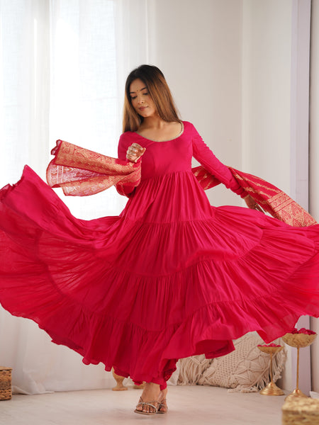 Premium Quality Roman Silk Pink Anarkali  Suit Set