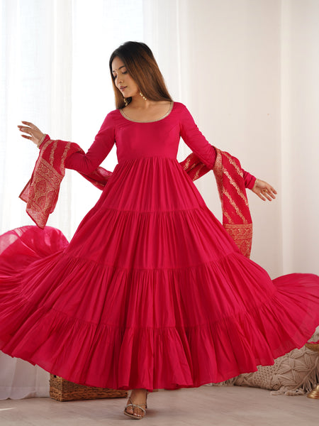 Premium Quality Roman Silk Pink Anarkali  Suit Set