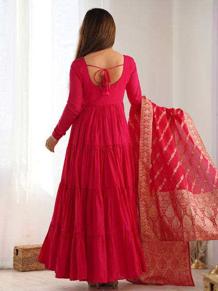 Premium Quality Roman Silk Pink Anarkali  Suit Set