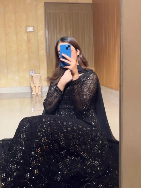 Adeena Black Faux Blooming Anarkali Style Sarara Suit Set