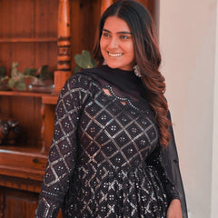 Black Coloured Lakhnavi Worked Premium Suit
