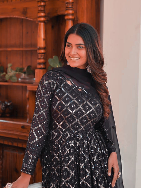 Black Coloured Lakhnavi Worked Premium Suit