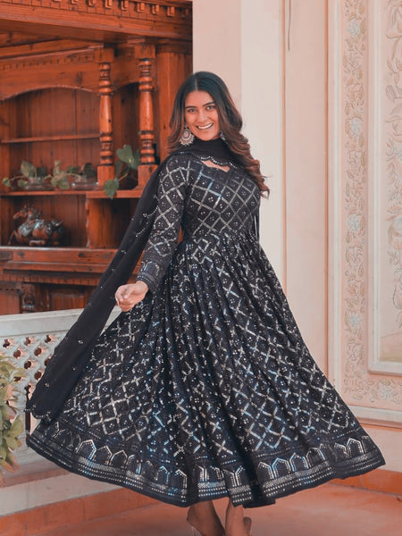 Black Coloured Lakhnavi Worked Premium Suit