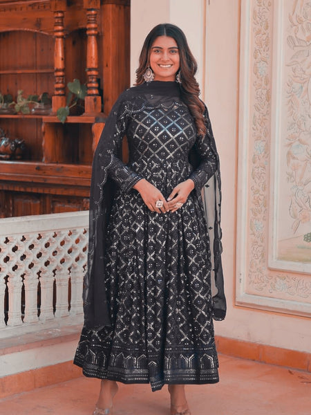 Black Coloured Lakhnavi Worked Premium Suit