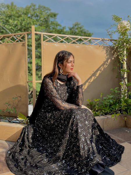 Adeena Black Faux Blooming Anarkali Style Sarara Suit Set