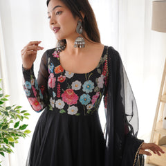 Black Organza Flower Dupatta Set