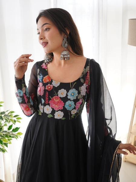 Black Organza Flower Dupatta Set