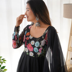 Black Organza Flower Dupatta Set