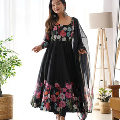 Black Organza Flower Dupatta Set