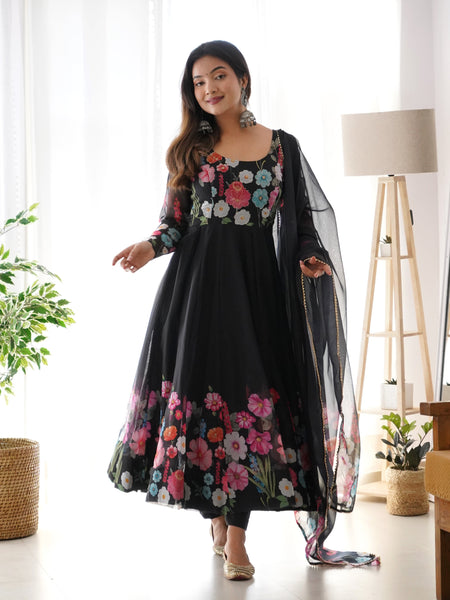 Black Organza Flower Dupatta Set