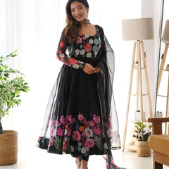 Black Organza Flower Dupatta Set