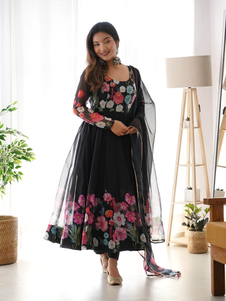 Black Organza Flower Dupatta Set