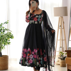 Black Organza Flower Dupatta Set