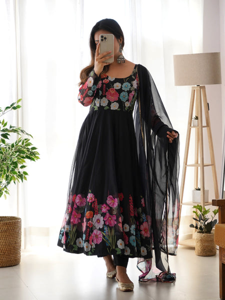 Black Organza Flower Dupatta Set