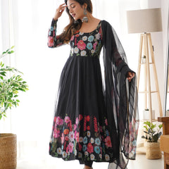 Black Organza Flower Dupatta Set