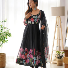 Black Organza Flower Dupatta Set