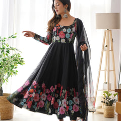 Black Organza Flower Dupatta Set