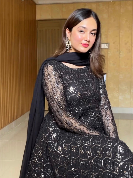 Adeena Black Faux Blooming Anarkali Style Sarara Suit Set