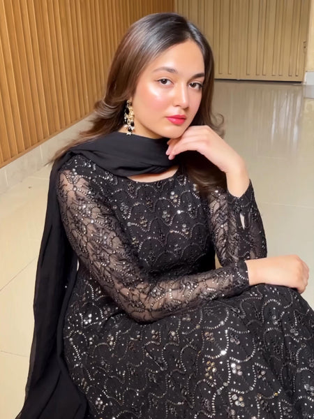 Adeena Black Faux Blooming Anarkali Style Sarara Suit Set