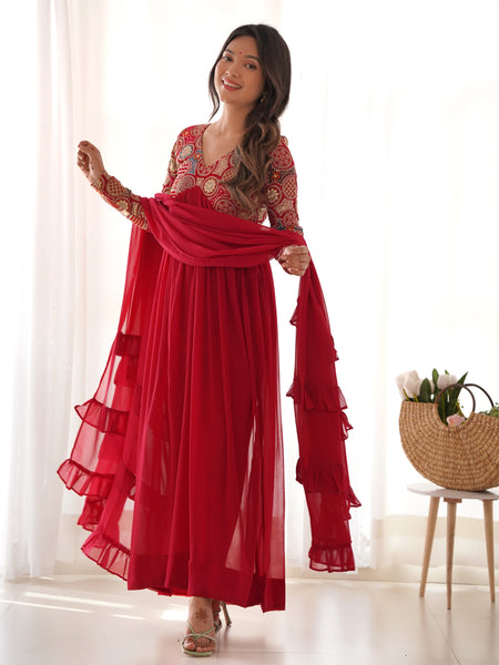 NAIRA CUT RED EMBROIDERY KURTA SET
