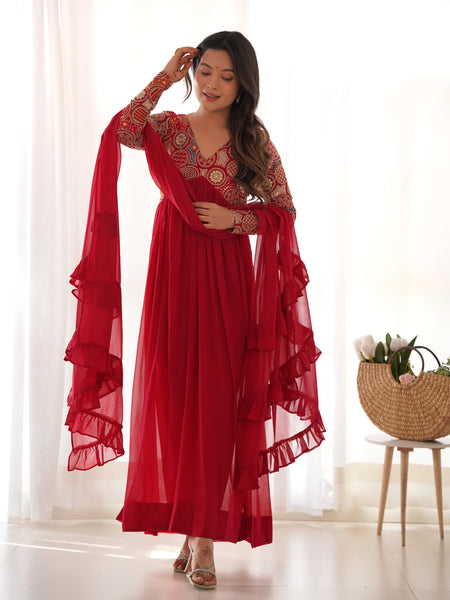 NAIRA CUT RED EMBROIDERY KURTA SET