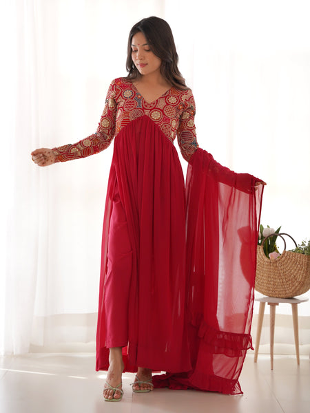 NAIRA CUT RED EMBROIDERY KURTA SET