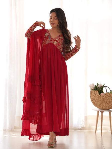 NAIRA CUT RED EMBROIDERY KURTA SET