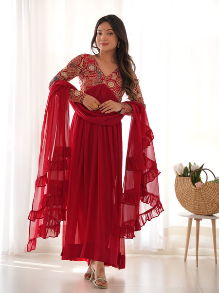 NAIRA CUT RED EMBROIDERY KURTA SET