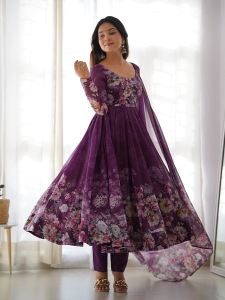 PURE SOFT ORGANZA ANARKALI SUIT SET WITH FULLY STITCHED DKB -261 WINE