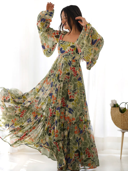 Sunaina Pista Colourfull Floral Gown Digital Printed Faux Georgette DKB-267