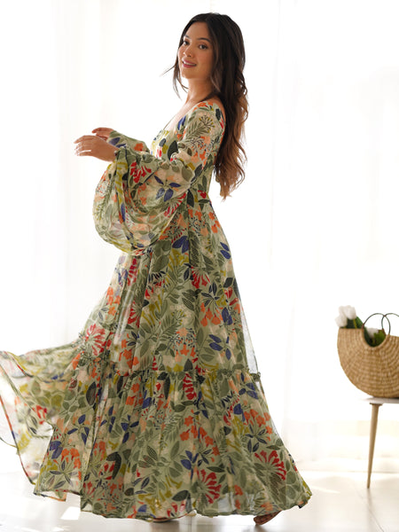 Sunaina Pista Colourfull Floral Gown Digital Printed Faux Georgette DKB-267