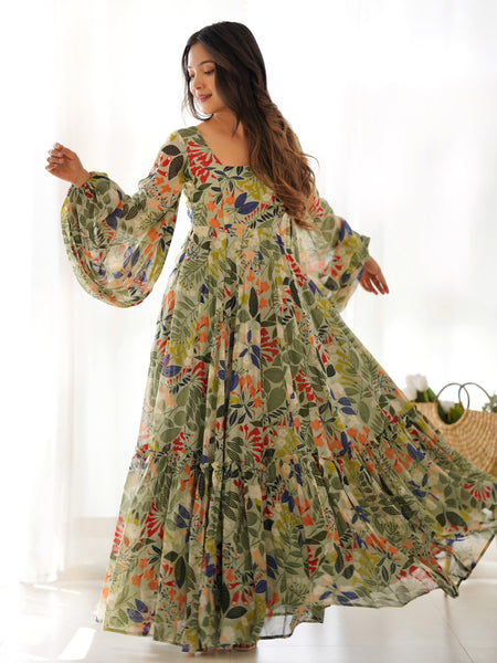 Sunaina Pista Colourfull Floral Gown Digital Printed Faux Georgette DKB-267