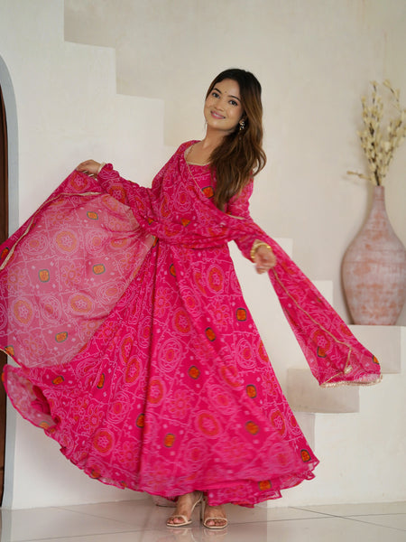 Premium Quality Bandhej Pink Anarkali Suit Set