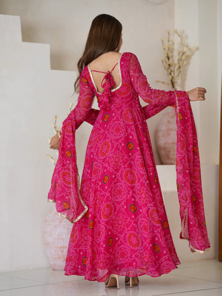Premium Quality Bandhej Pink Anarkali Suit Set