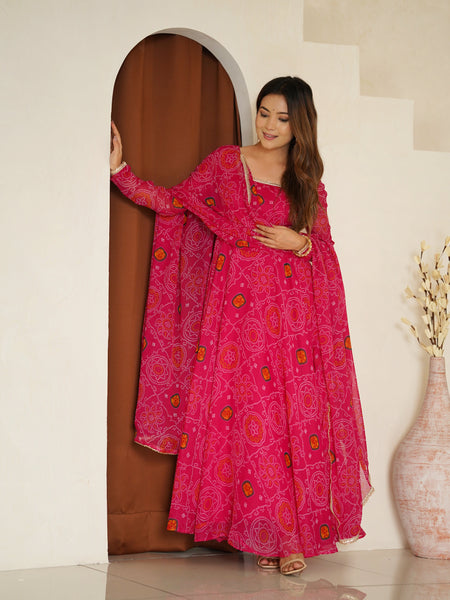 Premium Quality Bandhej Pink Anarkali Suit Set