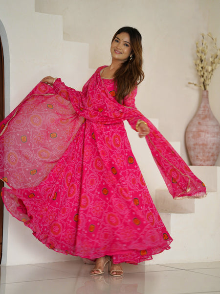 Premium Quality Bandhej Pink Anarkali Suit Set