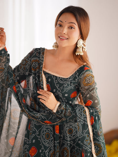 Premium Quality Bandhej Green Anarkali Suit Set
