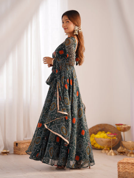 Premium Quality Bandhej Green Anarkali Suit Set