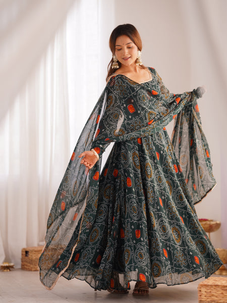 Premium Quality Bandhej Green Anarkali Suit Set