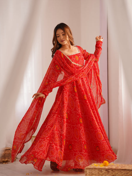 Premium Quality Bandhej Red Anarkali Suit Set
