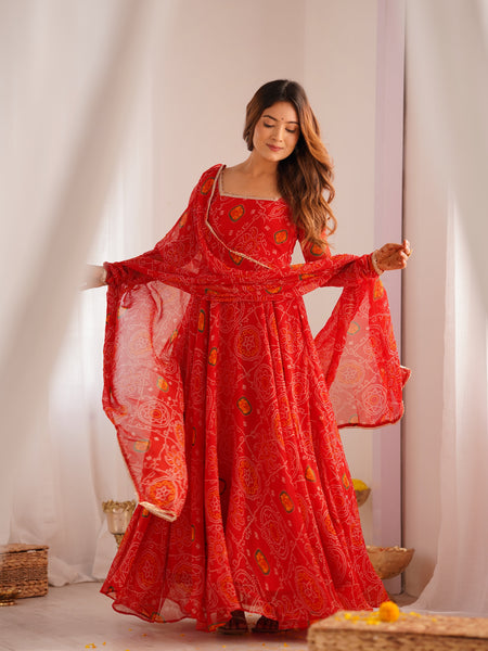 Premium Quality Bandhej Red Anarkali Suit Set