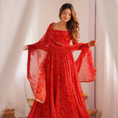 Premium Quality Bandhej Red Anarkali Suit Set