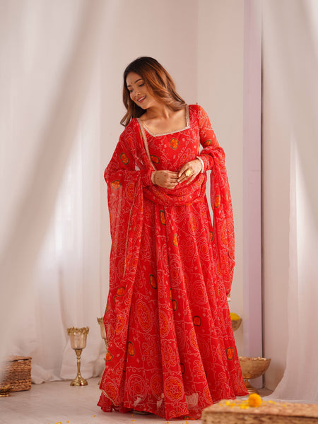 Premium Quality Bandhej Red Anarkali Suit Set